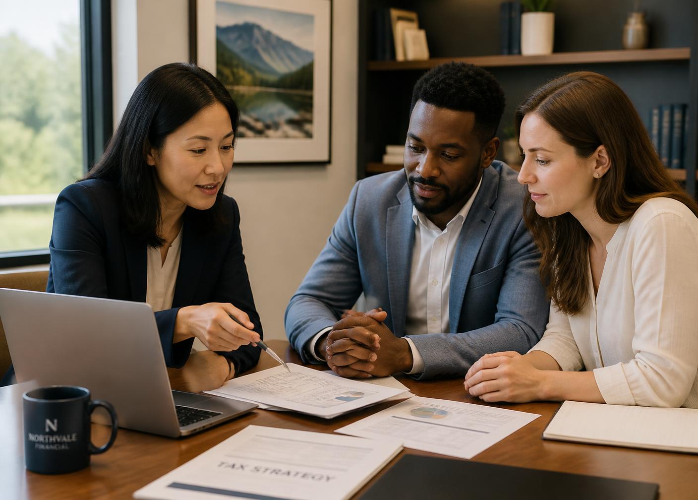 An advisor walking a couple through their tax strategy documents